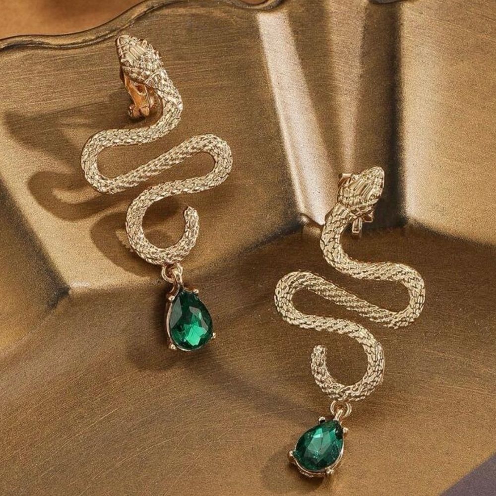 Gothic Vintage inspired Earrings Clip On, Gold Snake Green Jewel accent … - Picture 2 of 3